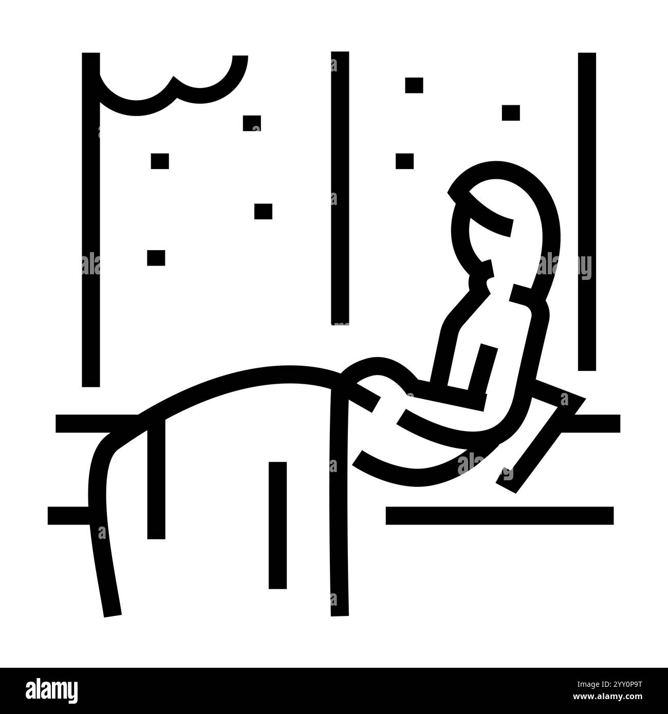 Das Mädchen sitzt am Fenster in der winterlichen schwarzen Ikone. Signieren Sie für Webseite, mobile App, Schaltfläche, Logo. Schaltfläche Vektorisoliert. Bearbeitbare Kontur. Stock Vektor