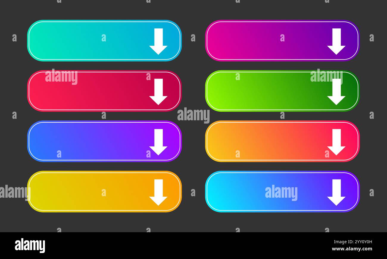 Farbige Verlaufstasten mit Pfeilen. Set aus acht modernen abstrakten Webtasten. Vektorabbildung Stock Vektor