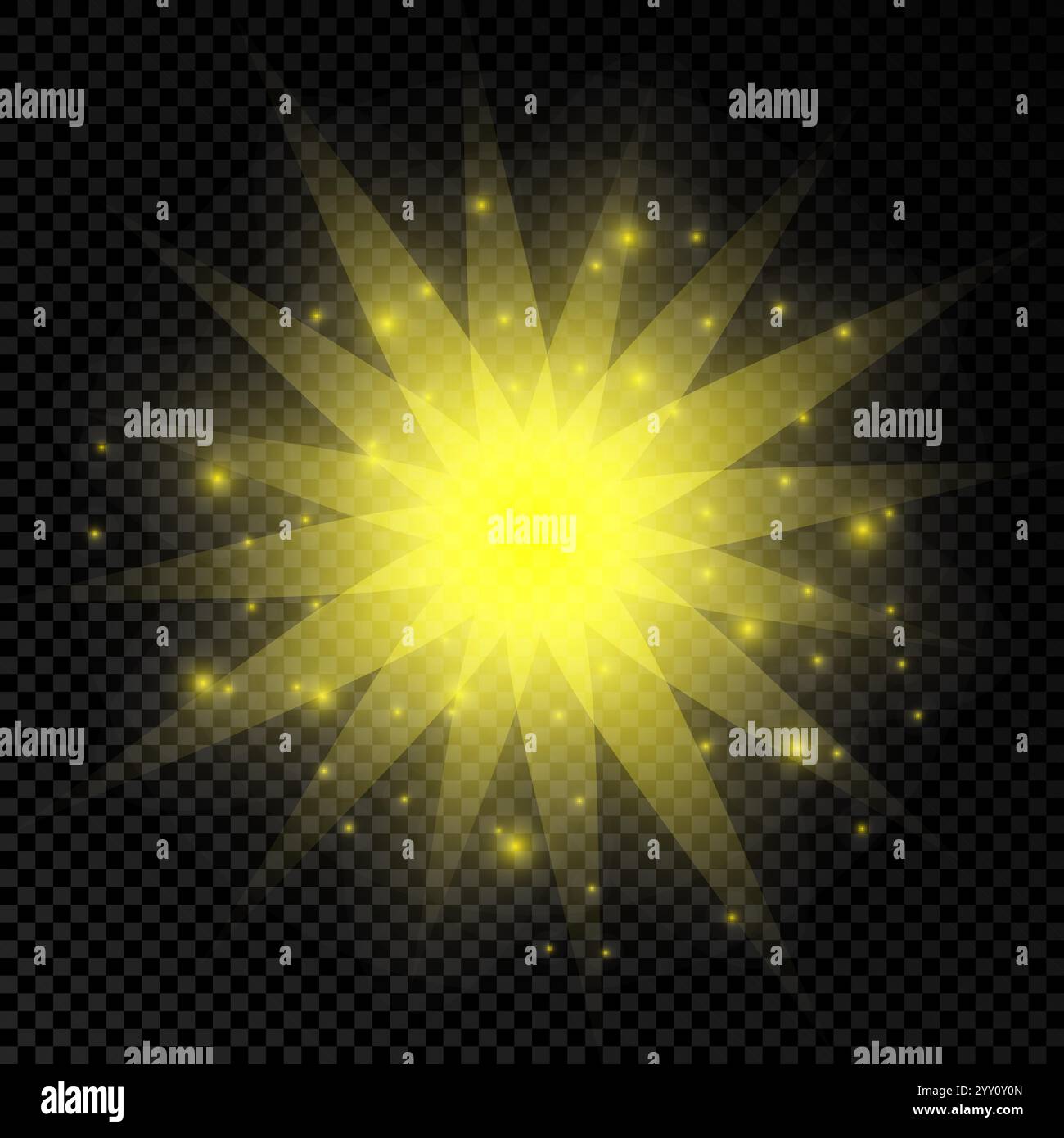 Lichteffekt von Linsenfackeln. Gelb leuchtende Lichter Sterneneffekte mit Funkeln auf transparentem Hintergrund. Vektorabbildung Stock Vektor