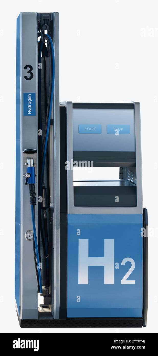 Isolierte Selbstbedienungs-Wasserstofftankstelle. Stockfoto