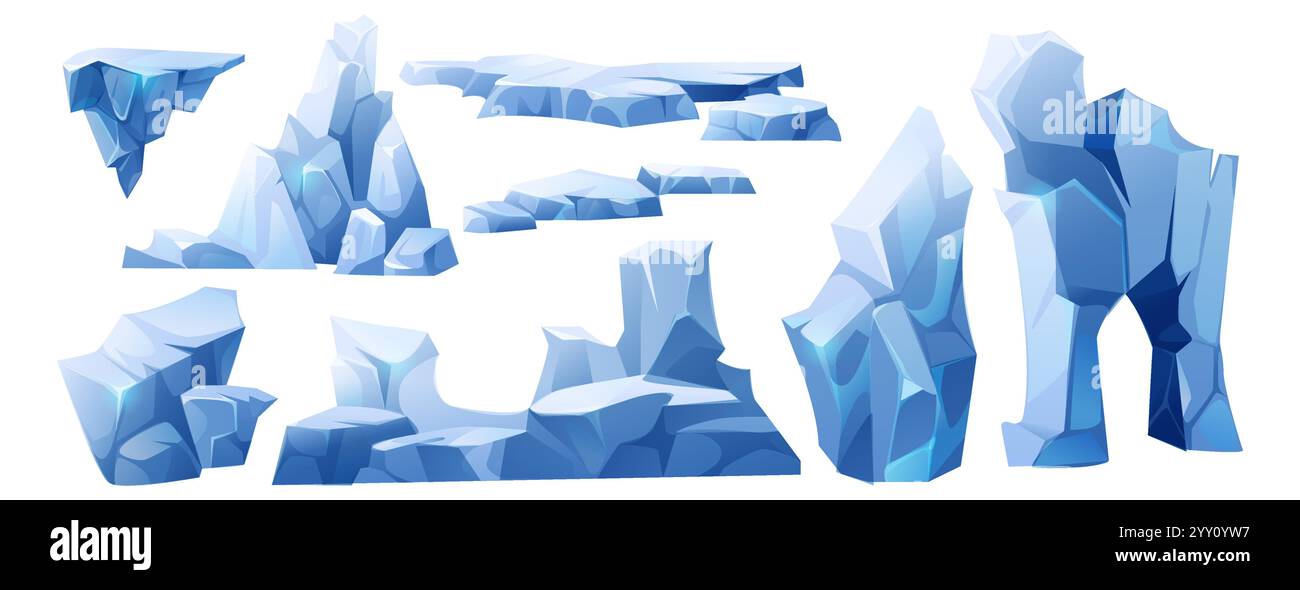Arktischer Eisgletscher mit Schnee und Berg-Cartoon-Illustration. Eisberg und gefrorene Schollen für das antarktis-Spiel. Landschaftselement Nordpol. Blau Stock Vektor