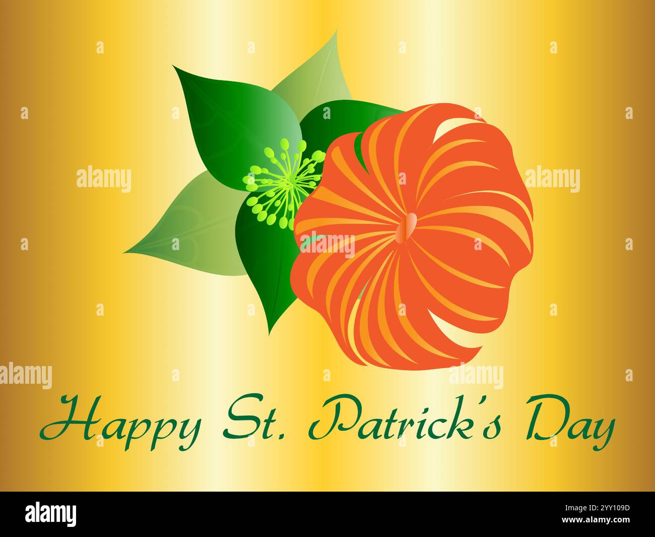 Blume mit grünen Blättern und orangefarbenen Blüten mit den Worten Happy St. Patrick Day darunter. Shamrock St. Patrick Day Rainbow St. Paddy Glück von Stock Vektor