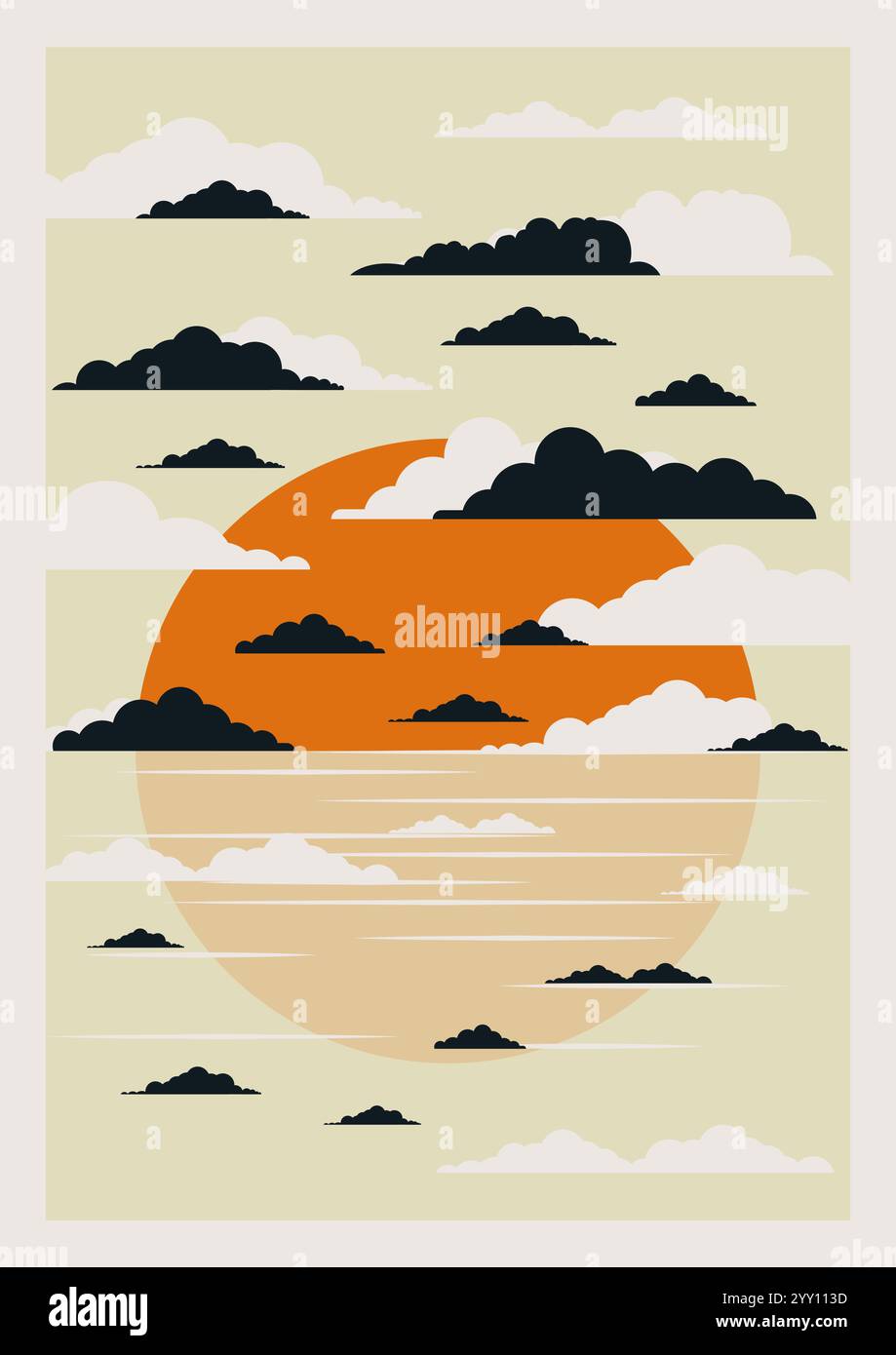 Sonnenaufgang oder Sonnenuntergang Himmel mit Wolken. Vektor-Zeichentrickillustration der schönen Abend- oder Morgenbewölkten Küste. Sommer-Gradient-Himmelsszene Stock Vektor