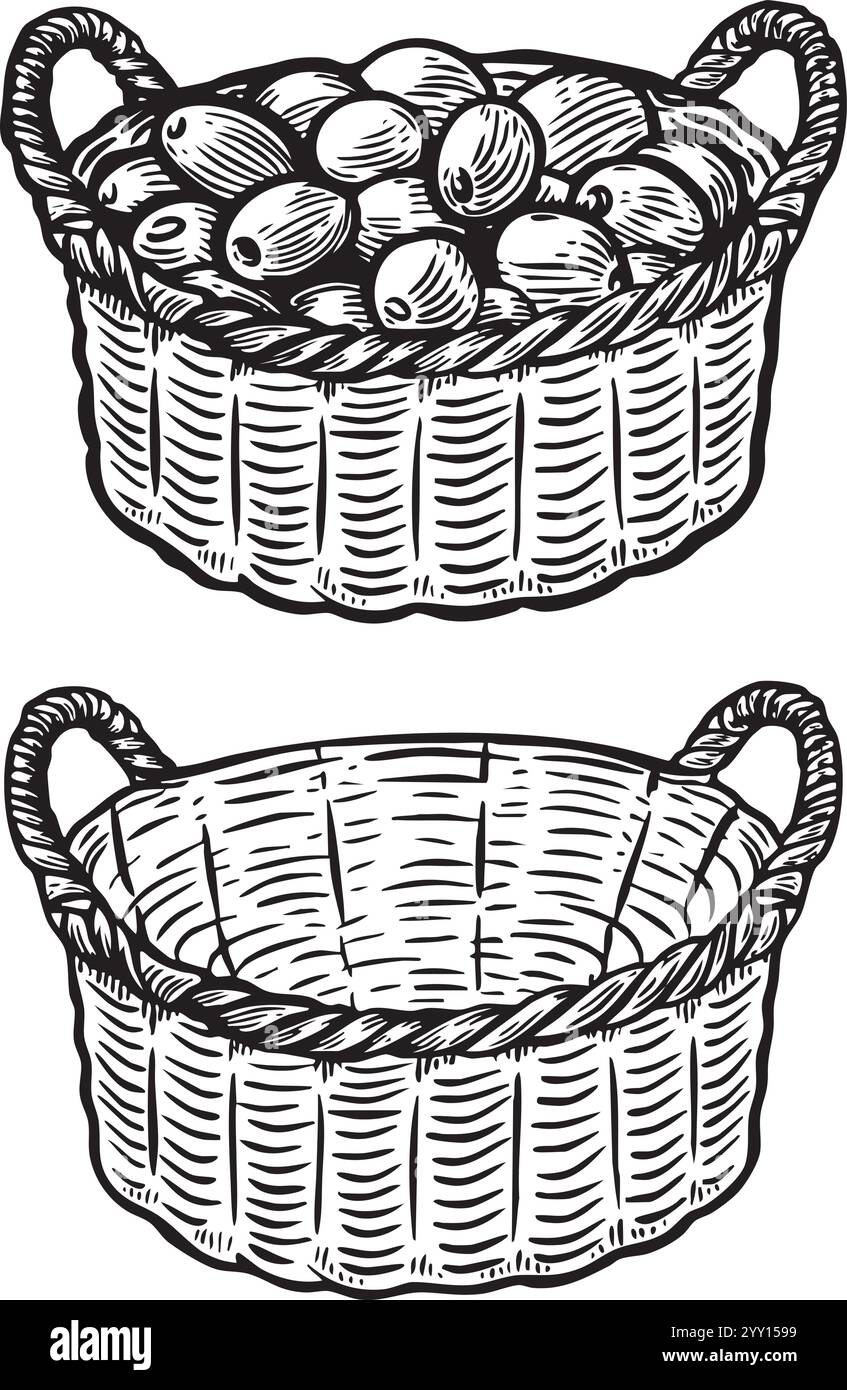 Traditionelle leere und voll gesponnene Korbvektorillustration. Stock Vektor