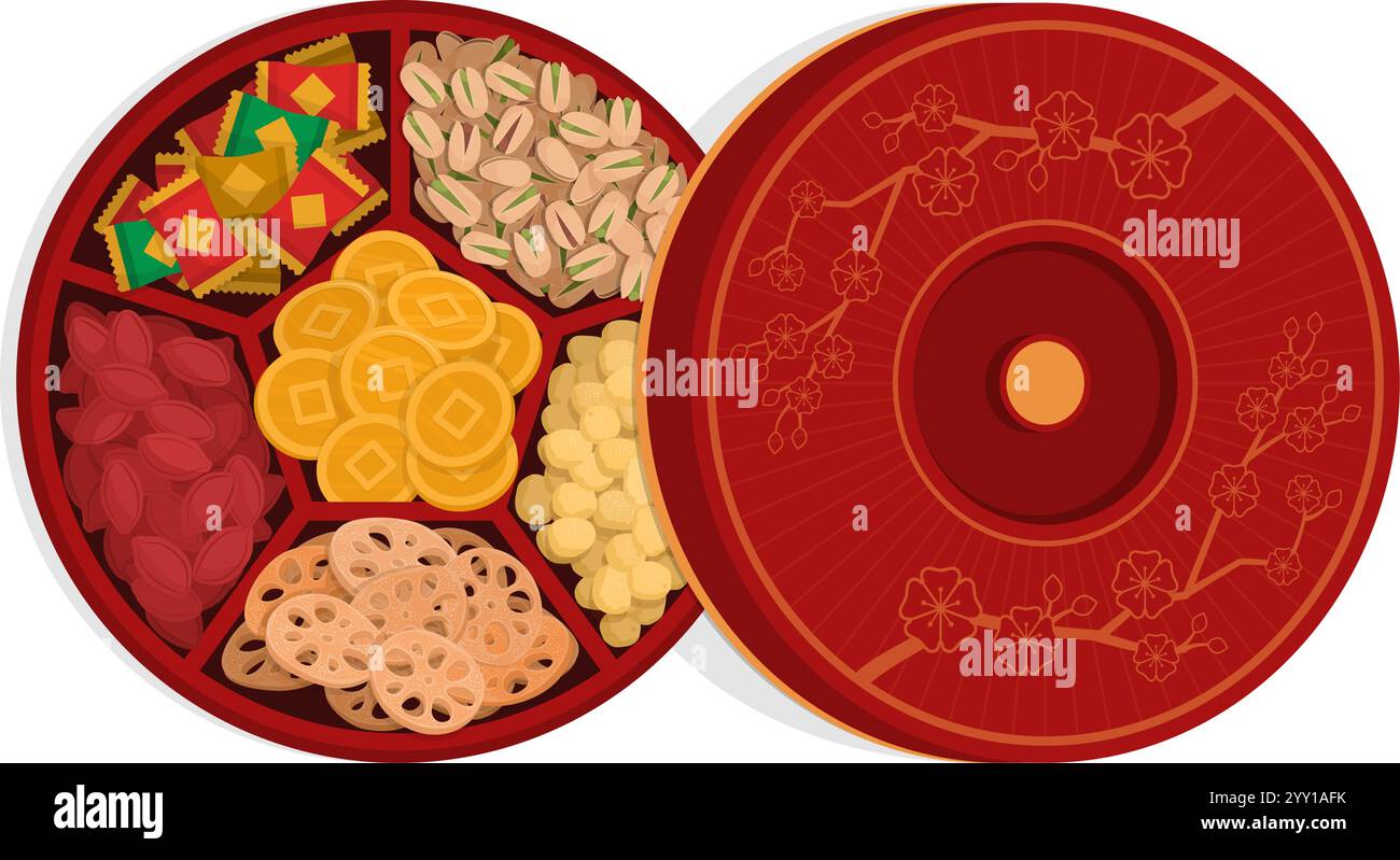 Offene chinesische Süßigkeiten-Schachtel gefüllt mit Leckereien, chinesisches Neujahrsfest und chinesisches Kulturkonzept Stock Vektor