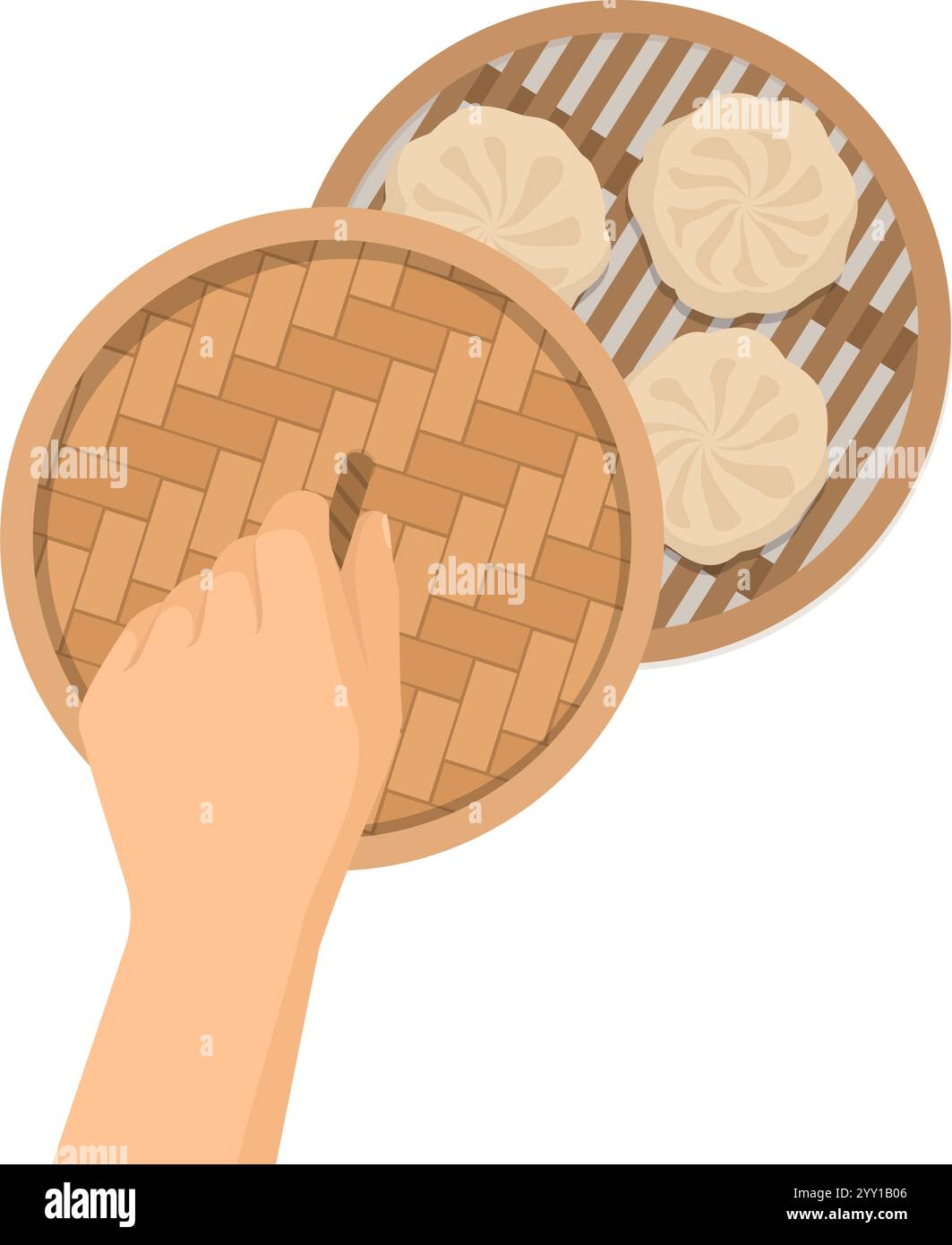 Öffnen Sie von Hand einen Bambus-Dampfkorb und zeigen Sie köstliche Baozi-Brötchen, isoliert Stock Vektor