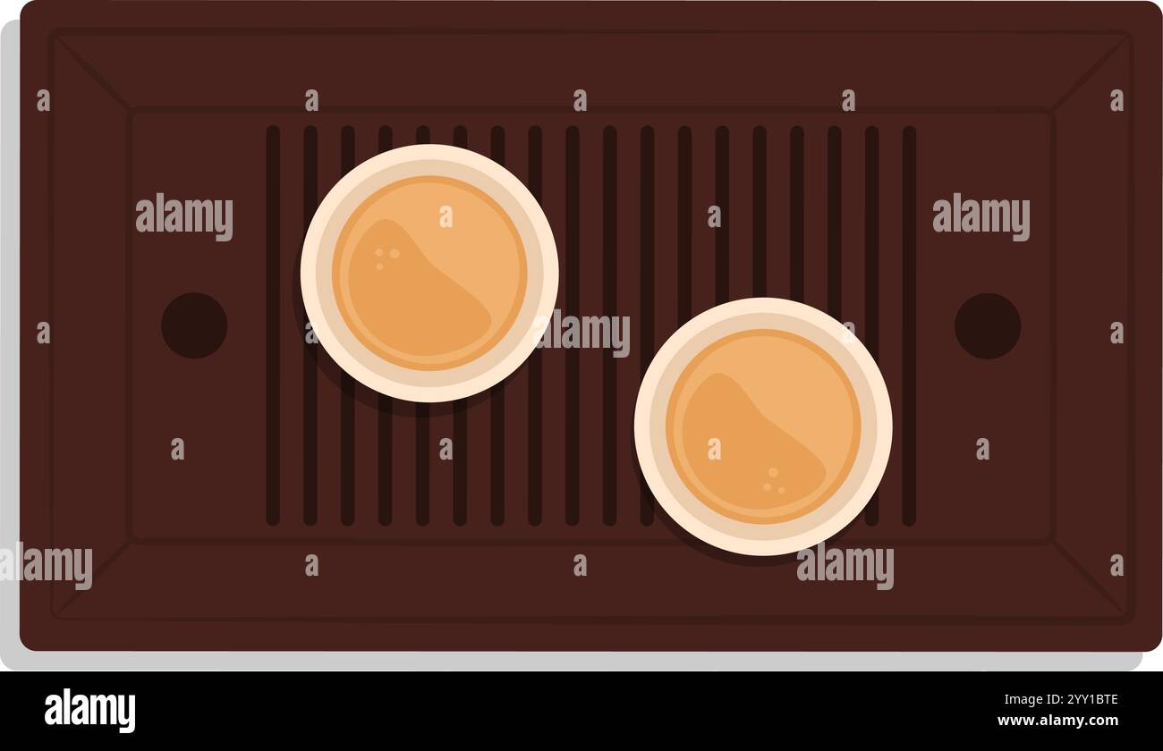 Traditionelles chinesisches Teeset: Holztablett und Tassen gefüllt mit heißem Tee, isoliert Stock Vektor
