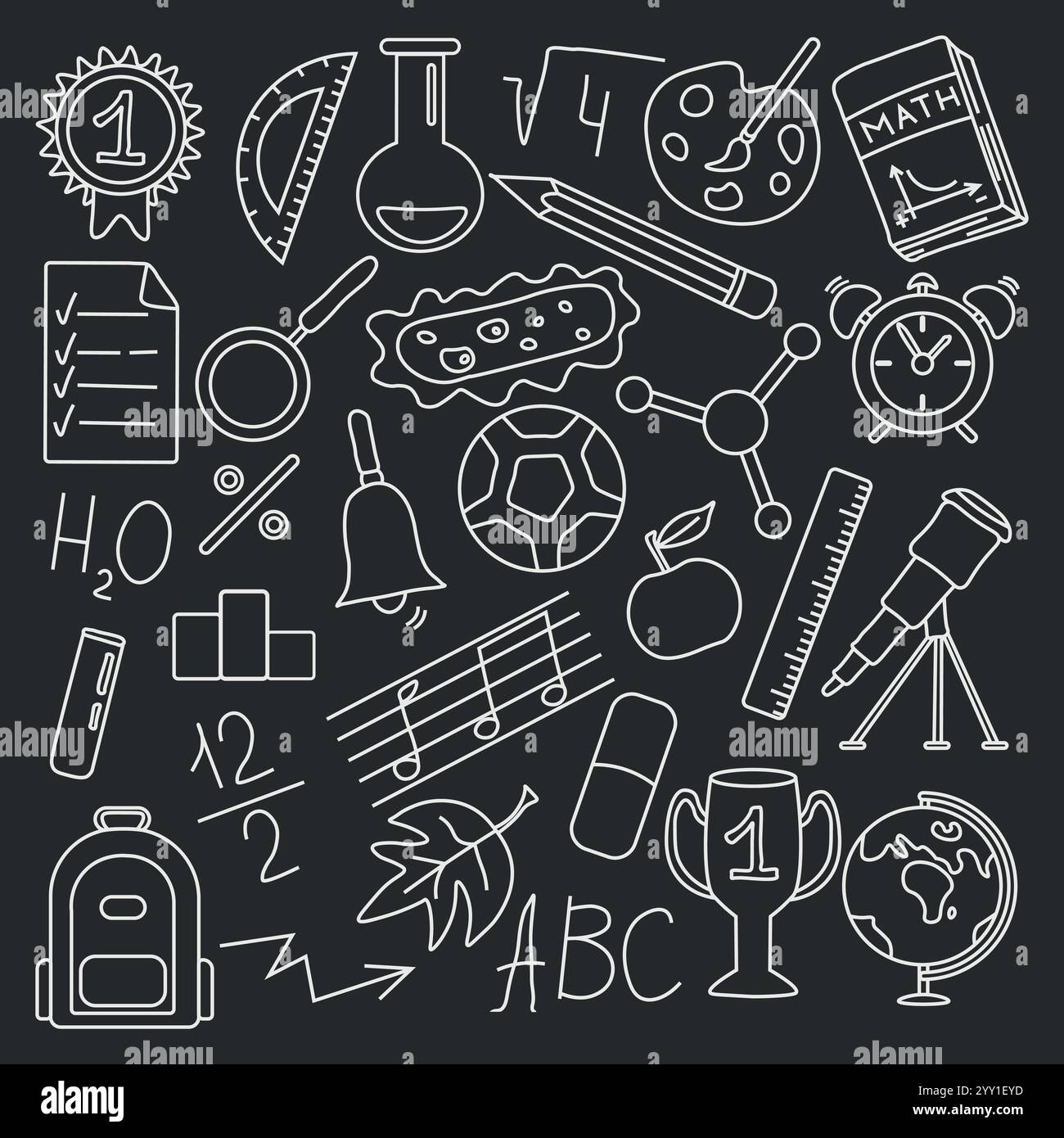 Schulsymbole. Handgezeichneter Hintergrund der Kritzelschule. Bildungstabelle Stock Vektor