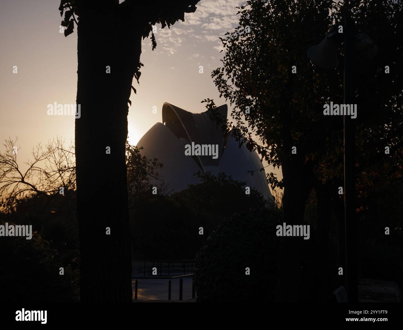 Valencia, Spanien. Sonnenaufgang der Stadt der Künste und Wissenschaft. Eine der berühmtesten Landschaften der Stadt. Stockfoto