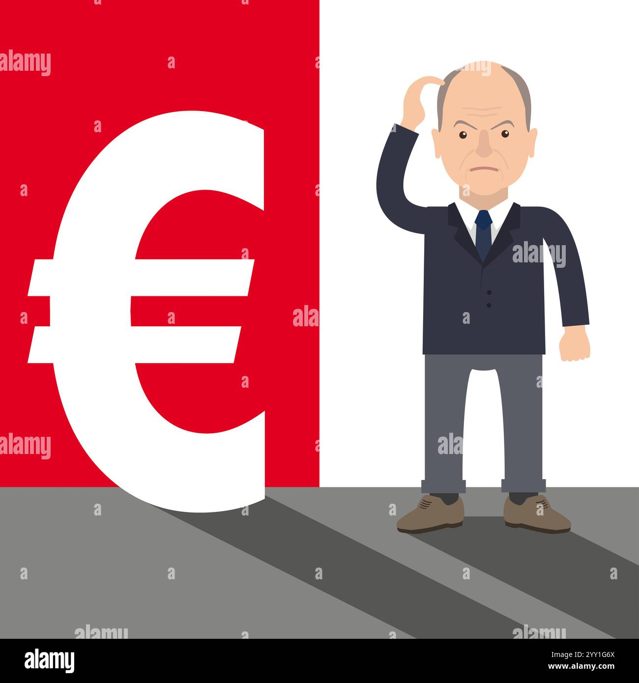 Politiker Euro Nachdenkend Alter, verzweifelter Politiker-Cartoon mit einem Symbol des Euro. Stockfoto
