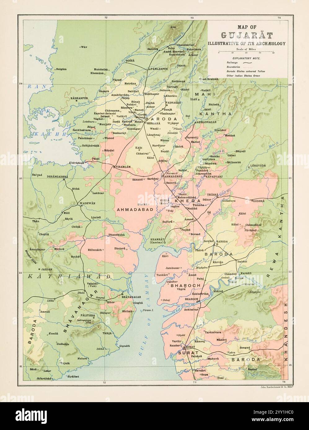 Archivkarte des Bundesstaates Gujarat, Indien. Illustrierend über seine Archäologie, von John Bartholomäus, 19. Jahrhundert Stockfoto