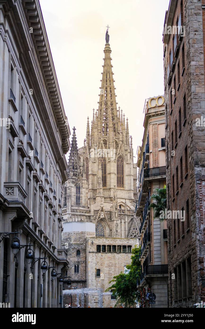 Atemberaubende Aussicht auf die Kathedrale von Barcelona mit Stadt und Himmel, wunderschöne Architektur, ikonisches Wahrzeichen, malerische Landschaft Stockfoto