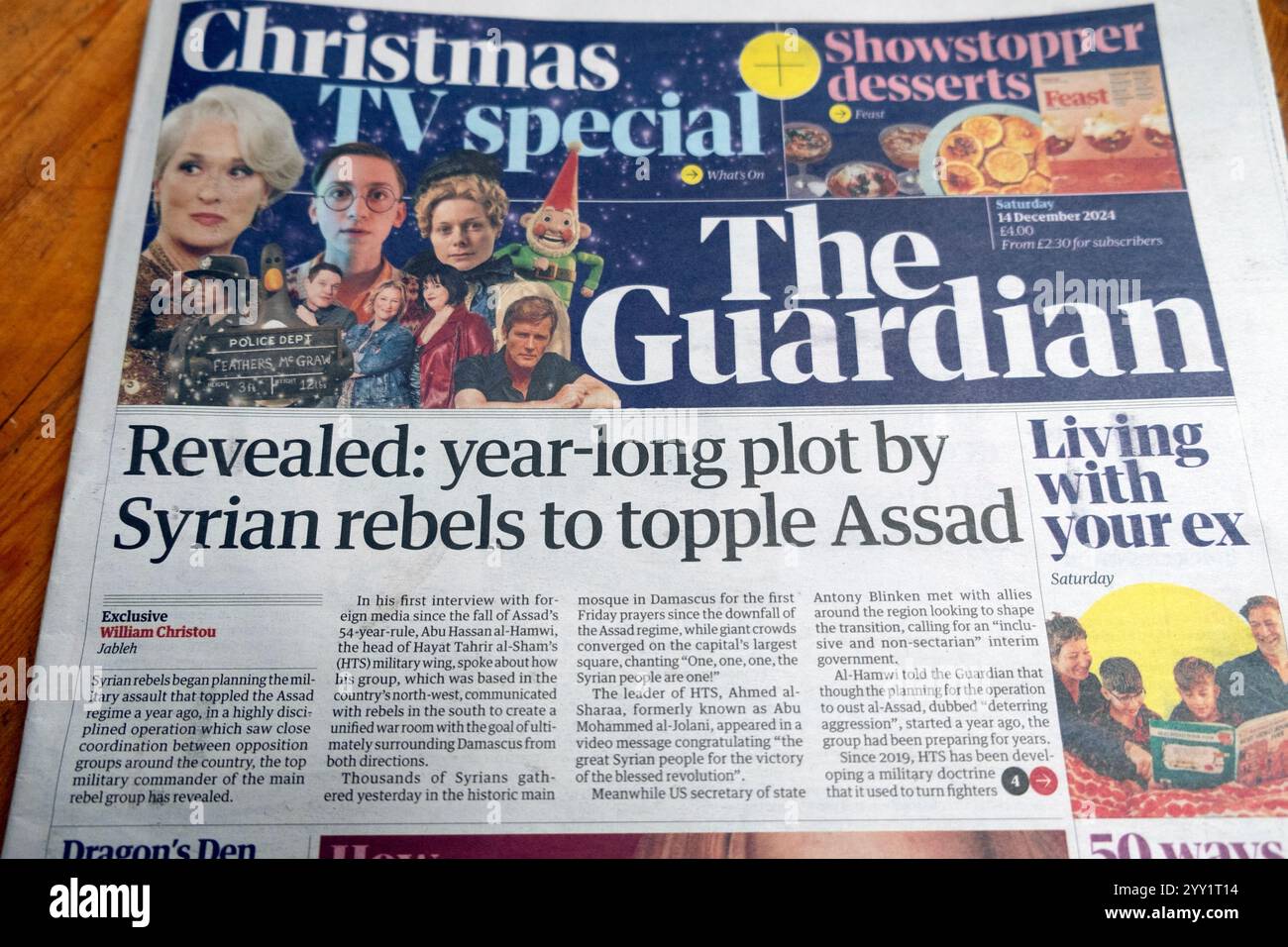 "Enthüllt: Jahrelanges Komplott syrischer Rebellen zum Sturz (Präsident Bashar al) Assad' Guardian Zeitung Headline 14. Dezember 2024 London UK Stockfoto