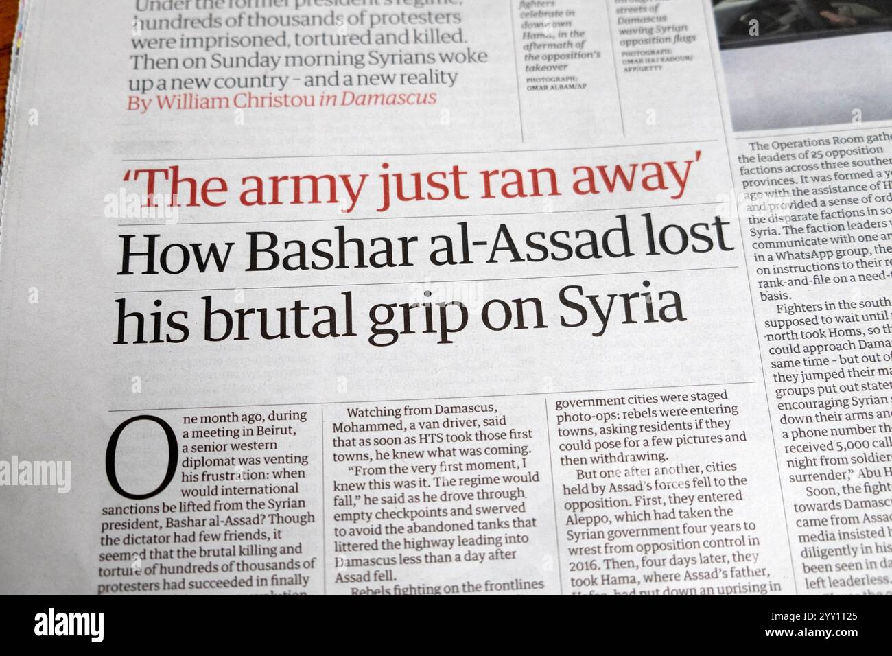 "Die Armee ist gerade weggelaufen" wie Baschar al-Assad seinen brutalen Griff auf Syriens Guardian-Zeitung, die HTS Rebels article14 Dezember 2024 London UK, verlor Stockfoto