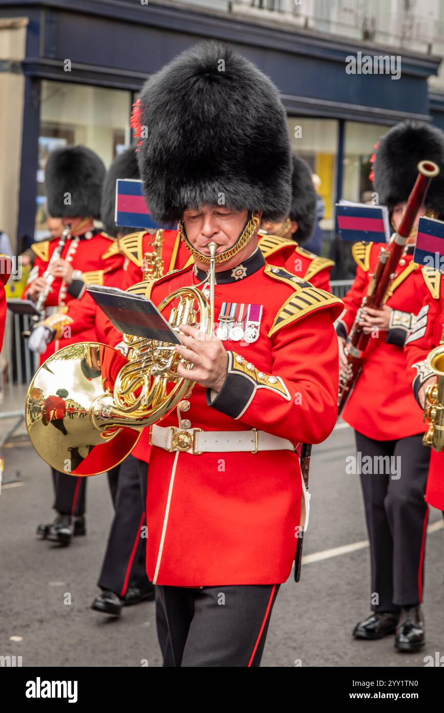 Französischer Hornspieler, Coldstream Guards, Windsor, Berkshire, England, UK Stockfoto