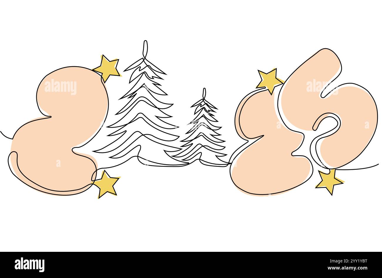 Durchgehende einzeilige Doodle-Zeichnung des Neujahrs 2025. Weihnachtskonzept, festlicher Text für das neue Jahr, minimalistisches Design. Vektorabbildung Stock Vektor
