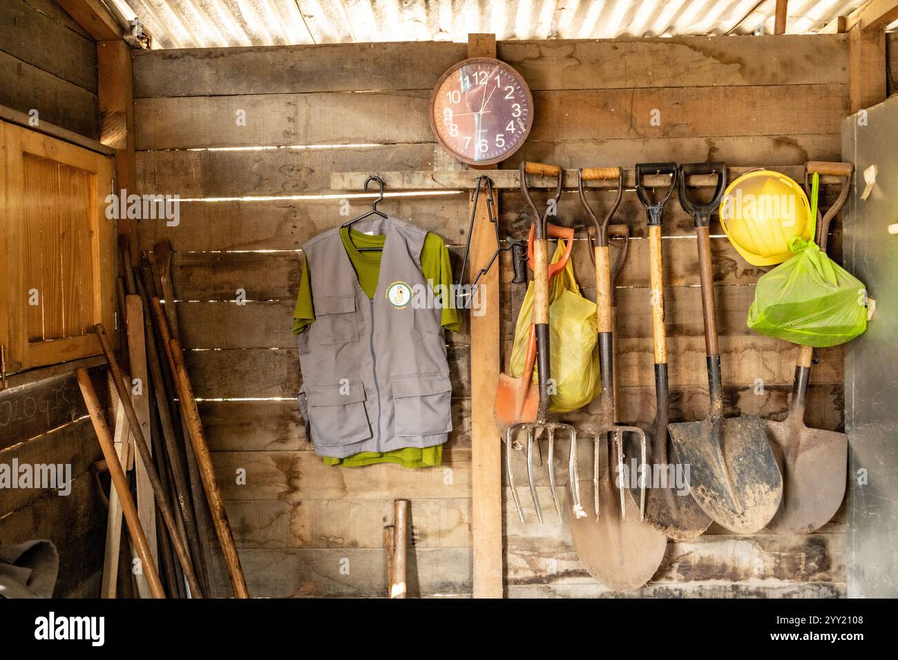 Rustikale Gartengeräte und -Geräte im Schuppen Stockfoto