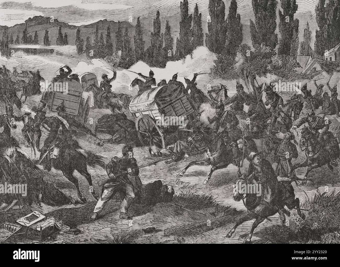 Deutsch-Französischer Krieg (1870–1871). Die Preußen erobern einen französischen Konvoi. Gravur. Historia de la Guerra de Francia y Prusia (Geschichte des Krieges zwischen Frankreich und Preußen). Band I. veröffentlicht in Barcelona, 1870. Stockfoto