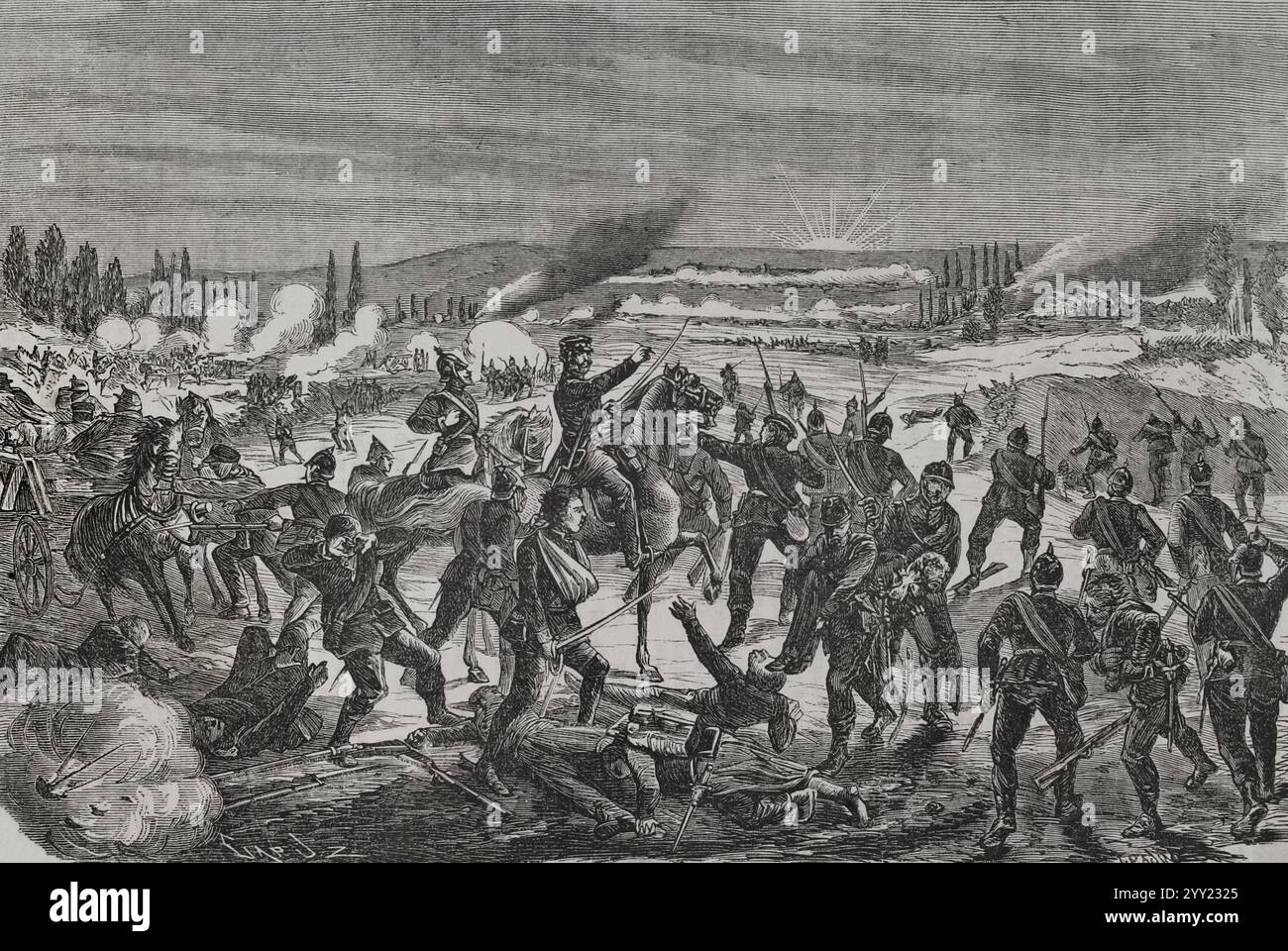 Deutsch-Französischer Krieg (1870–1871). Schlacht von Noisseville (31. August 1870). Preußische Truppen unter Prinz Friedrich Karl (1828–1885) besiegten die französischen Truppen unter Marschall Francois Achille Bazaine (1811–1888). Die Franzosen mussten sich nach Metz zurückziehen. Gravur von Capuz. Historia de la Guerra de Francia y Prusia (Geschichte des Krieges zwischen Frankreich und Preußen). Band I. veröffentlicht in Barcelona, 1870. Stockfoto