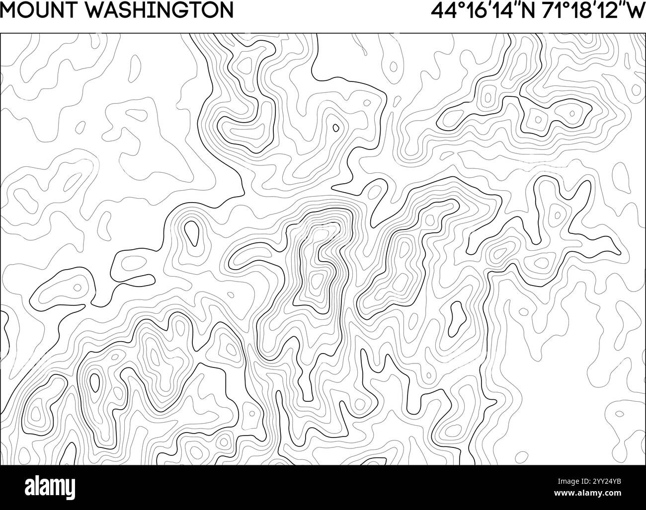 Konturkarte von Mount Washington mit Höhendetails und genauen Breiten-Längen-Koordinaten. Topografischer Kartenvektor. Stock Vektor