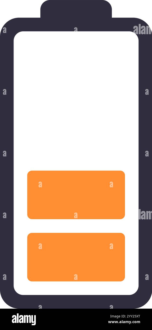 Einfaches Akkusymbol mit zwei orangefarbenen Balken, die einen mäßigen Ladezustand darstellen. Ideal für Anwendungen in Bezug auf Leistung und Energie in verschiedenen Bereichen Stock Vektor