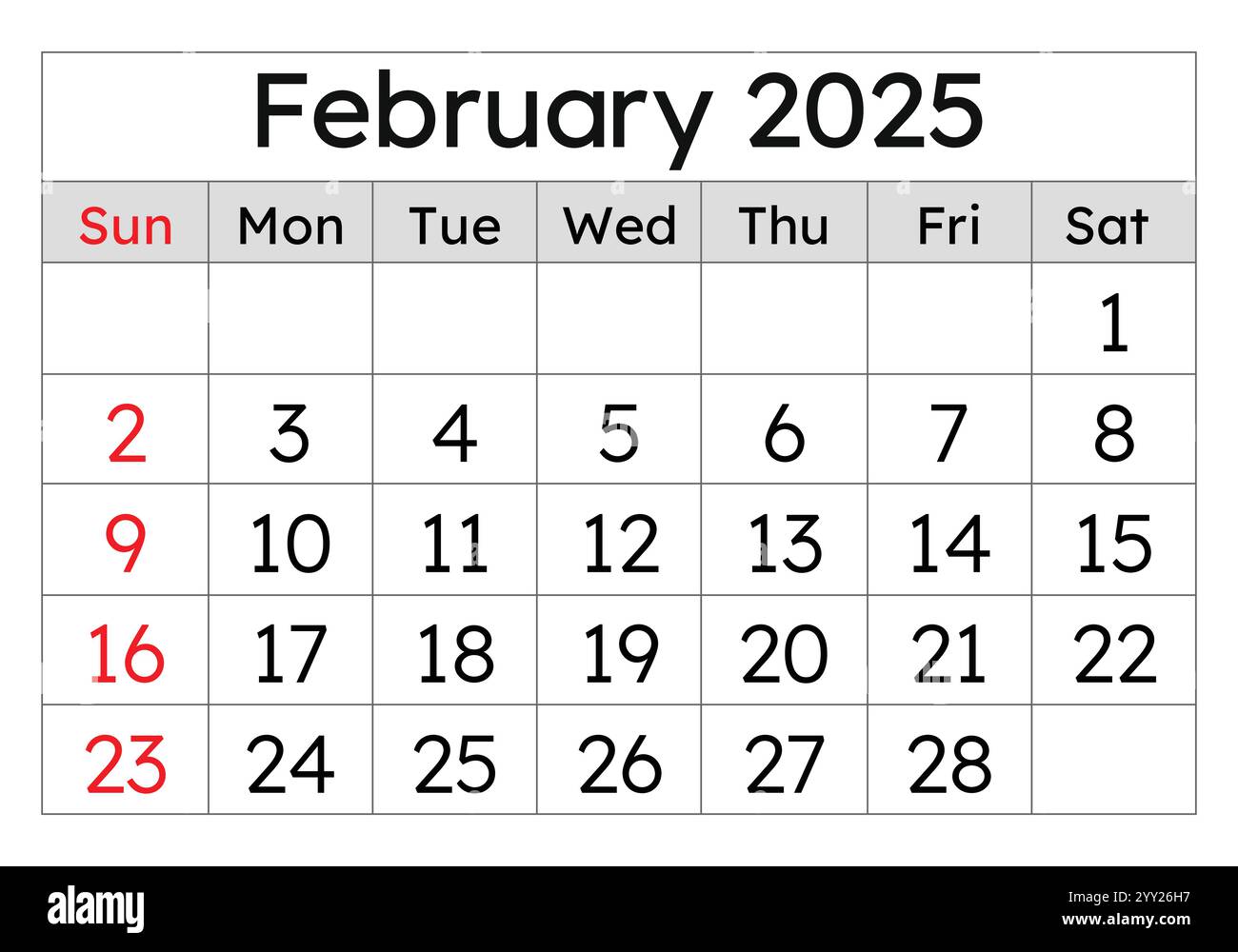 Kalender für Februar 2025. Einfache Vektordarstellung. Englische Seite des Wintermonats Stock Vektor