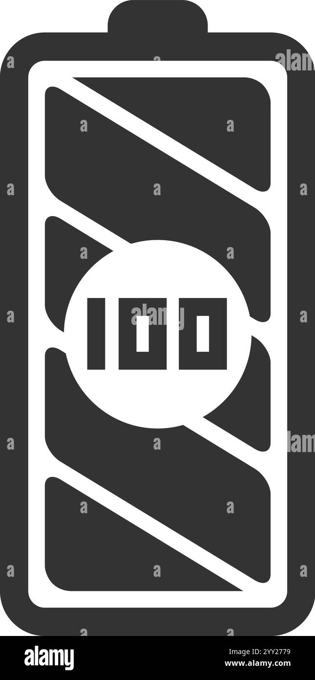 Voller Akku mit hundertprozentigem Ladezustand mit weißer Anzeige vor dunkelgrauem Hintergrund, geeignet für Energie- und Stromkonzepte Stock Vektor