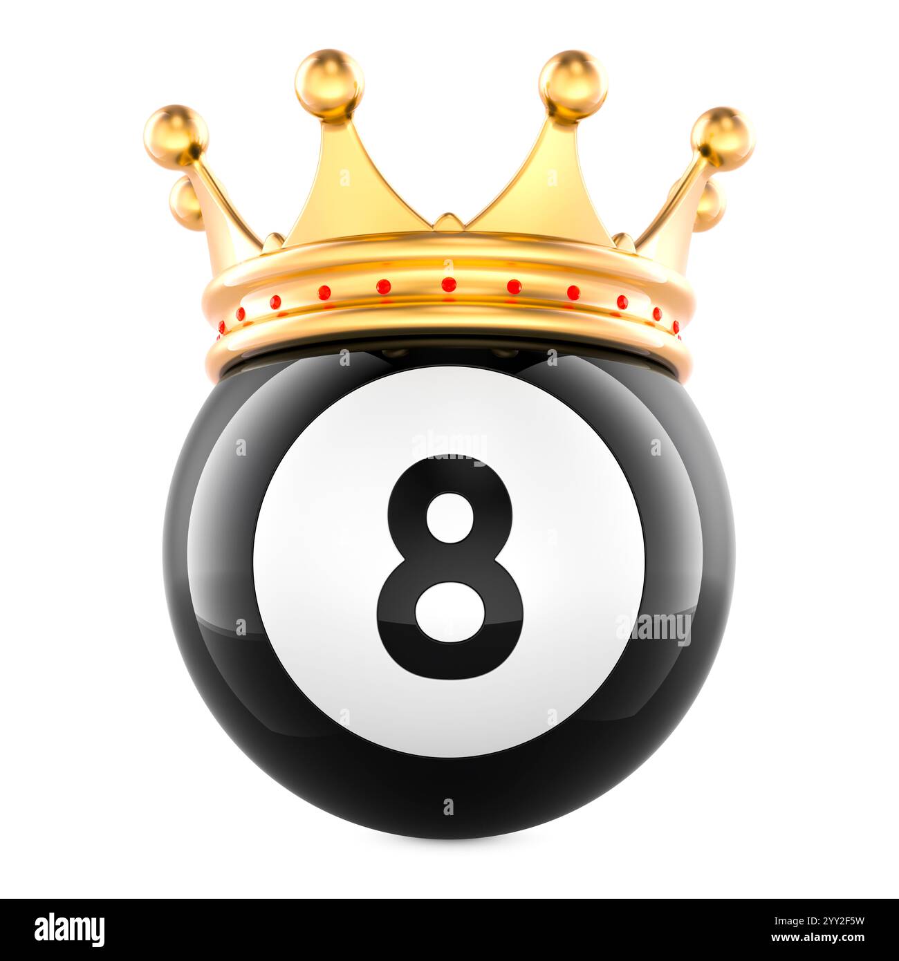 Schwarzer 8-Ball mit goldener Krone, 3D-Rendering isoliert auf weißem Hintergrund Stockfoto