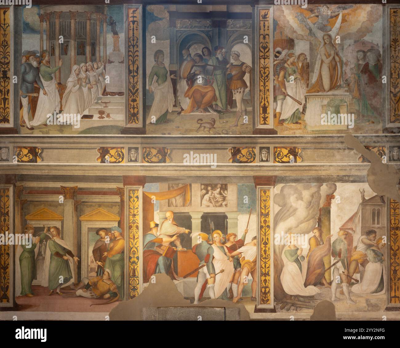 PAVIA, ITALIEN - 9. SEPTEMBER 2024: Die Freskengeschichten von St. Agnes in der Kirche Chiesa di San Teodoro von Maestro delle Storie di Sant’Agnese (1519). Stockfoto