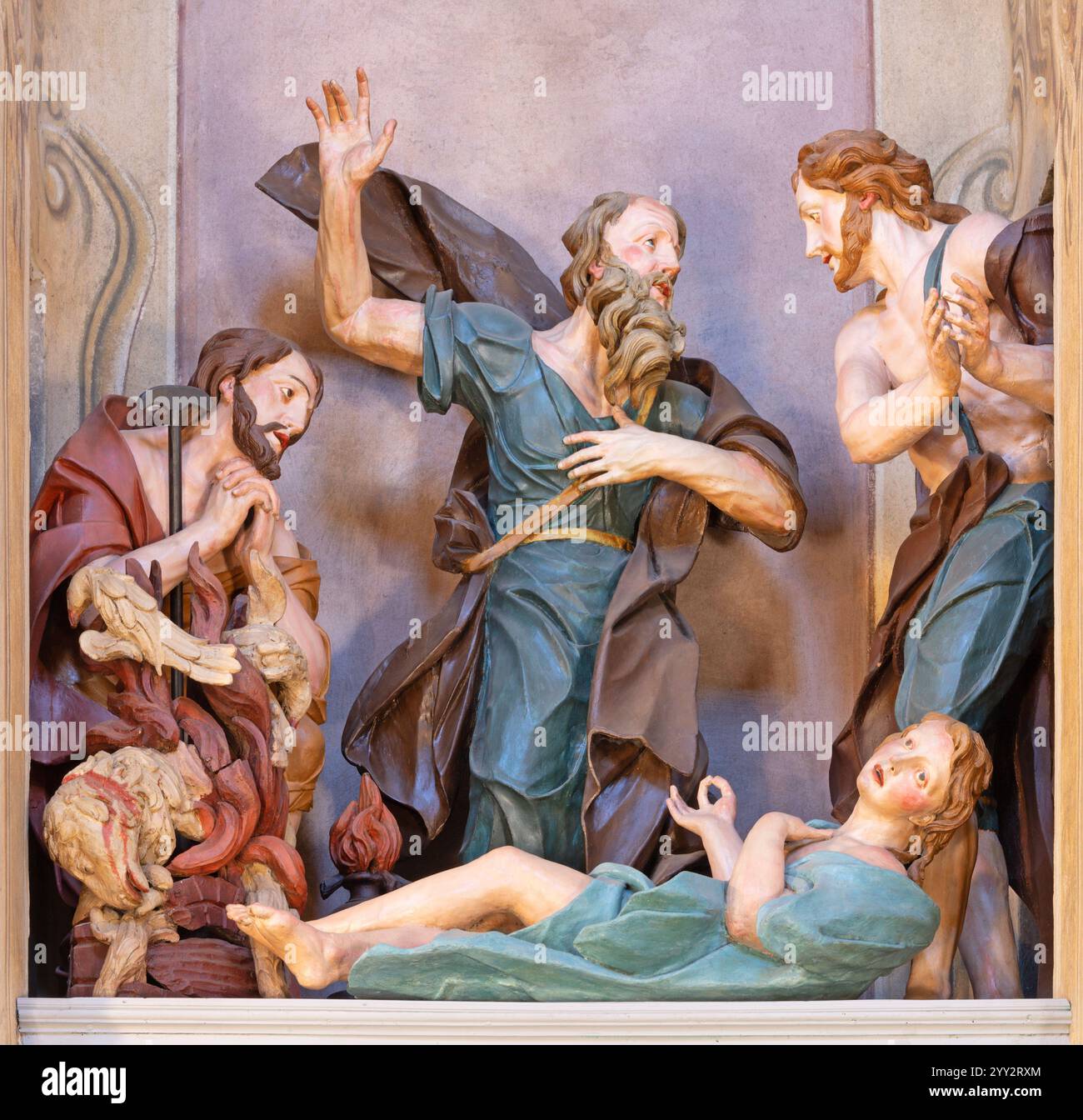 Alessandria - die geschnitzte polychrome Skulpturengruppe - Segen Noahs nach der Flut - in der Kirche Chiesa di San Giovannino Stockfoto