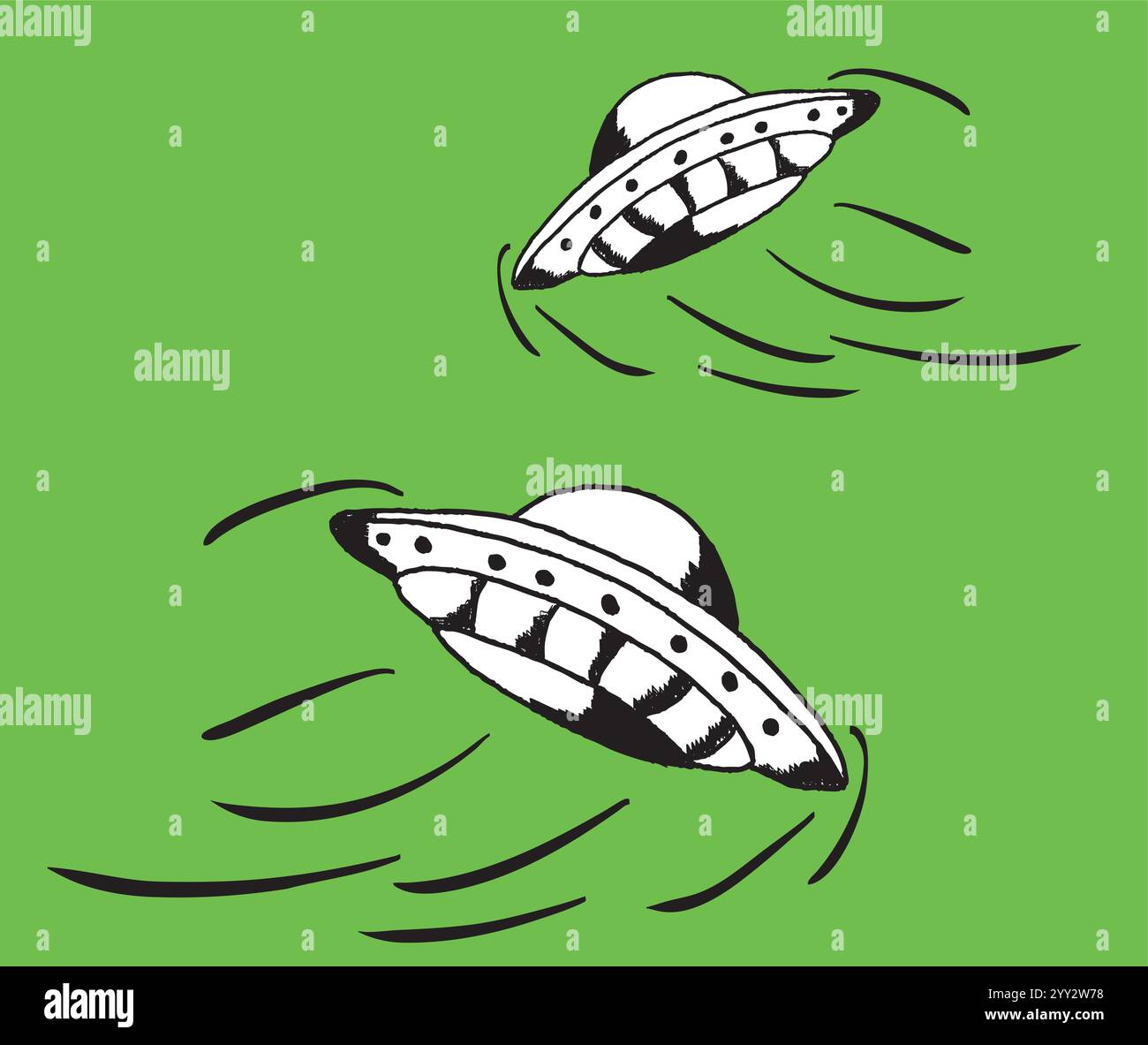 Fliegende Untertasse hinterlässt Dampfspuren auf gelbem Hintergrund Stock Vektor