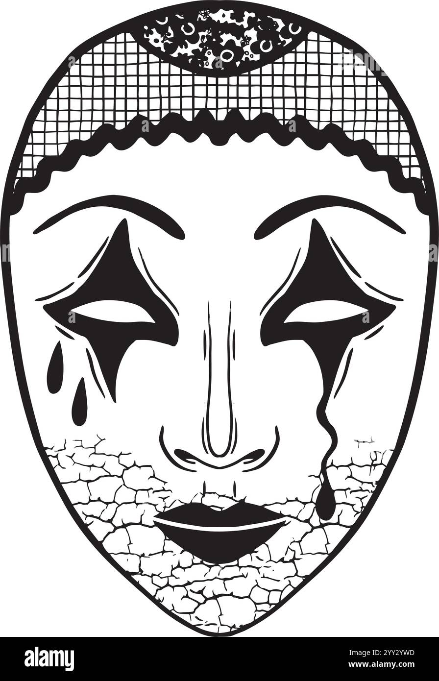 Diese künstlerische Maske Illustration zeigt Tränen und einen verstörten Look, ideal für verschiedene künstlerische Themen. Handgezeichnete Schwarzweiß-Grafiken für die Gestaltung von Websites, Artikeln, Broschüren, Etiketten oder Werbung. Stock Vektor