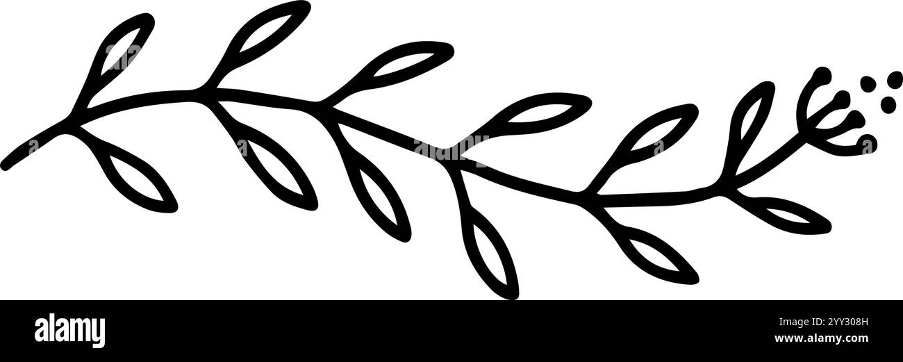 Mit einer einfachen Strichgrafik-Illustration eines Zweiges, der mit Blättern und einer Blume geschmückt ist und anmutig in horizontaler Ausrichtung wächst, fügt eine hinzu Stock Vektor