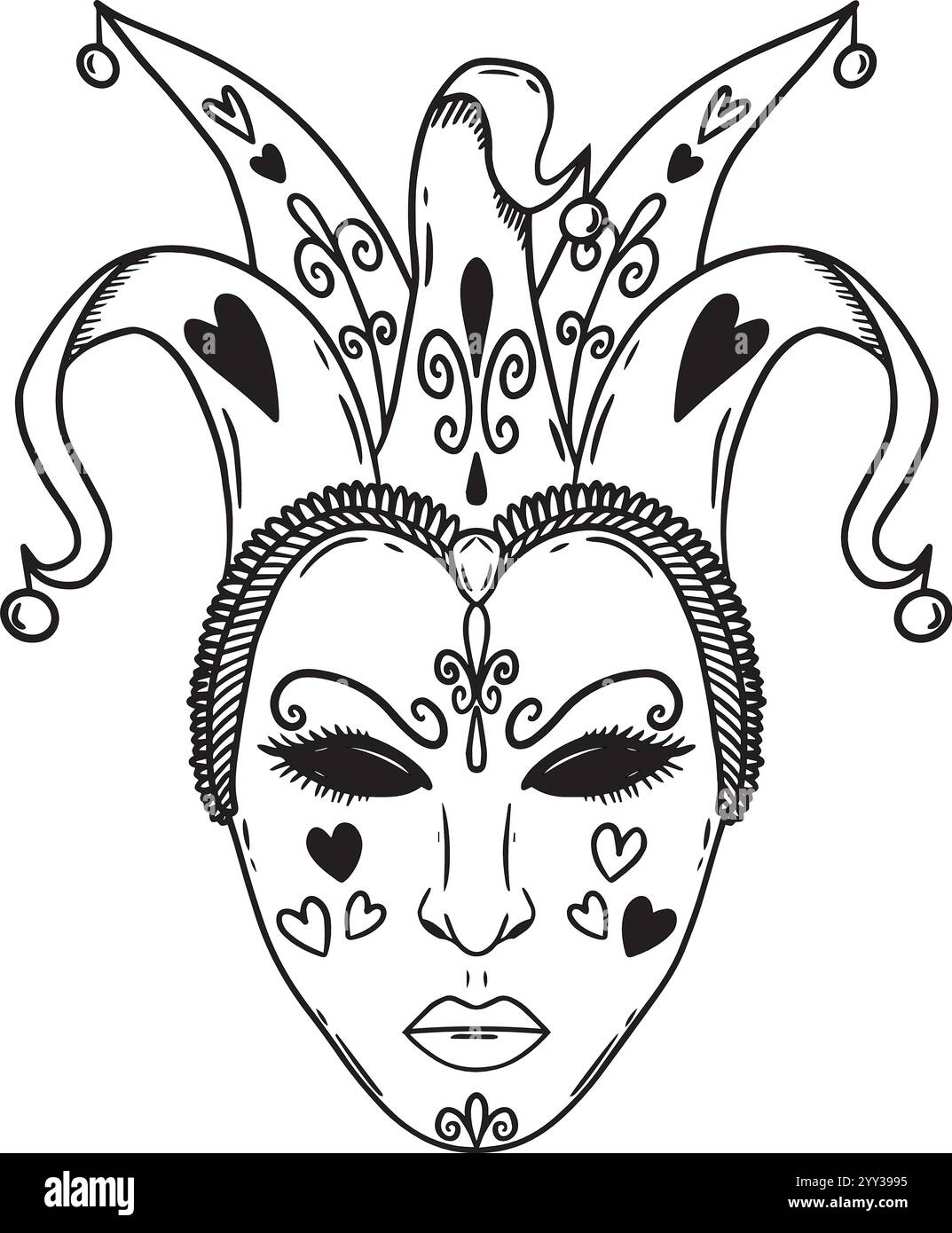 Eine künstlerische Schwarz-weiß-Illustration einer Maske mit komplizierten Herzmotiven und verzierten dekorativen Details. Handgezeichnete Schwarzweiß-Grafiken für die Gestaltung von Websites, Artikeln, Broschüren, Etiketten oder Werbung. Stock Vektor