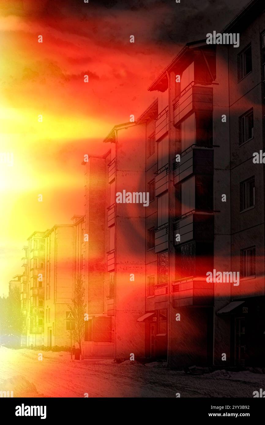 Wohnhäuser im Vorort im Winter, mit Flammenstruktur auf der linken Seite. Stockfoto