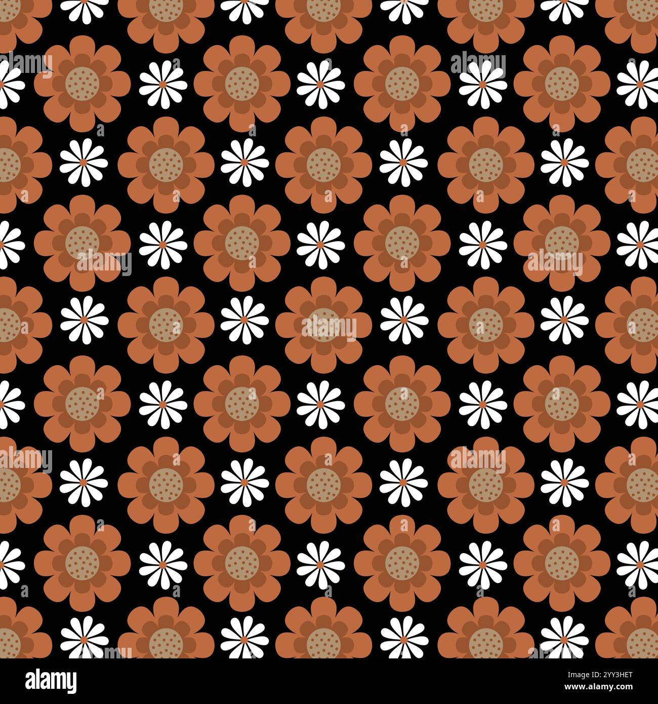 Nahtloses florales Vektormuster mit braunen und weißen Blumen auf schwarzem Hintergrund für Mode, Kleidung, Textil, Schreibwaren, Verpackung und anderen Druck. Stock Vektor