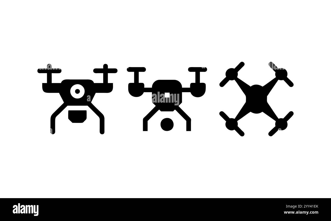 Vektor-Illustration von verschiedenen Drohnenmodellen, Drohne, Quadrocopter-Symbolsatz. Technologie-Geräte eingestellt. Symbol für die Silhouette der Drohne. Vektorabbildung. Stock Vektor