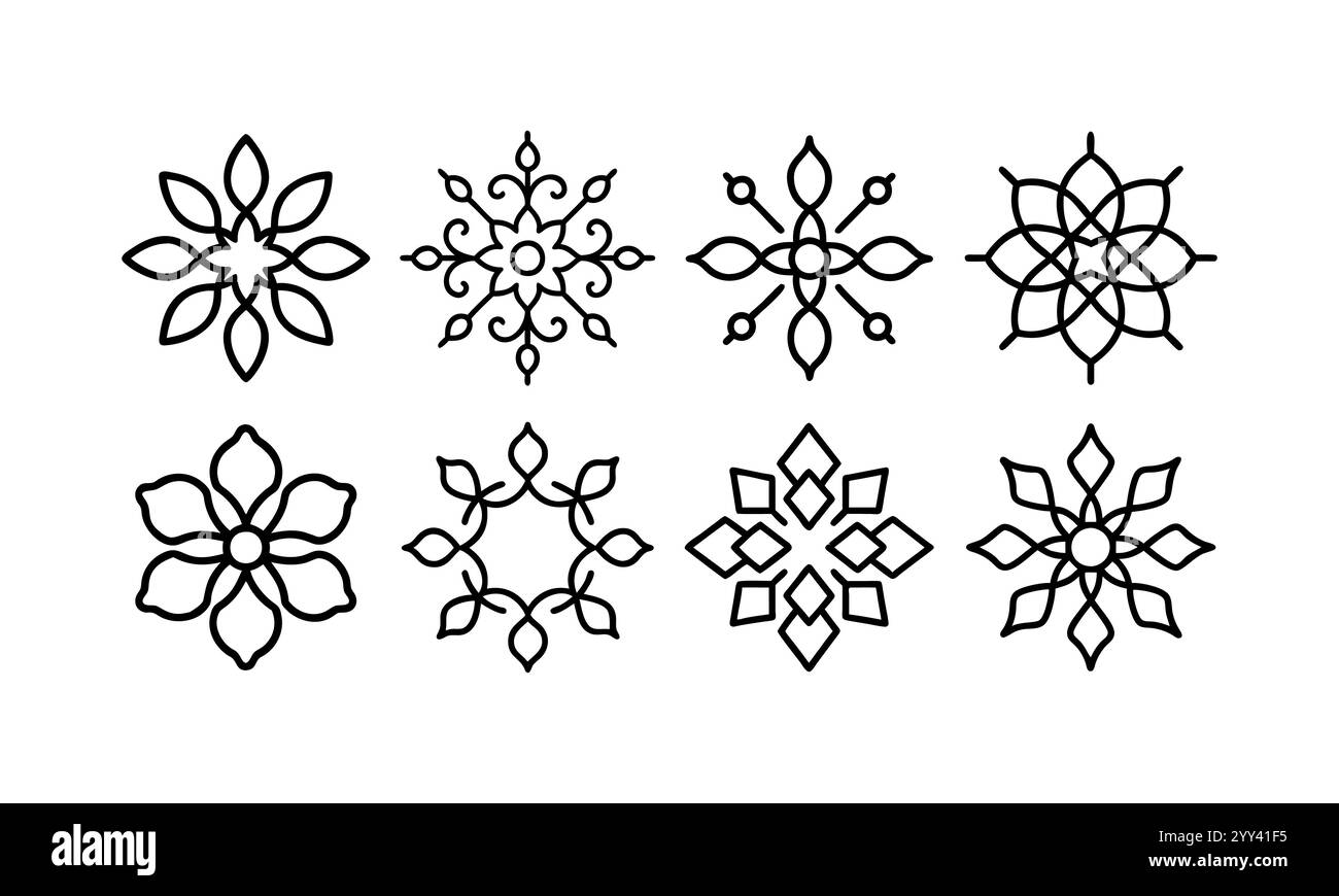 Set aus acht komplizierten Black Line Art Floral Designs, florale Line Art Mandala Design, indisches traditionelles und kulturelles Mandala Design Paket. Stock Vektor