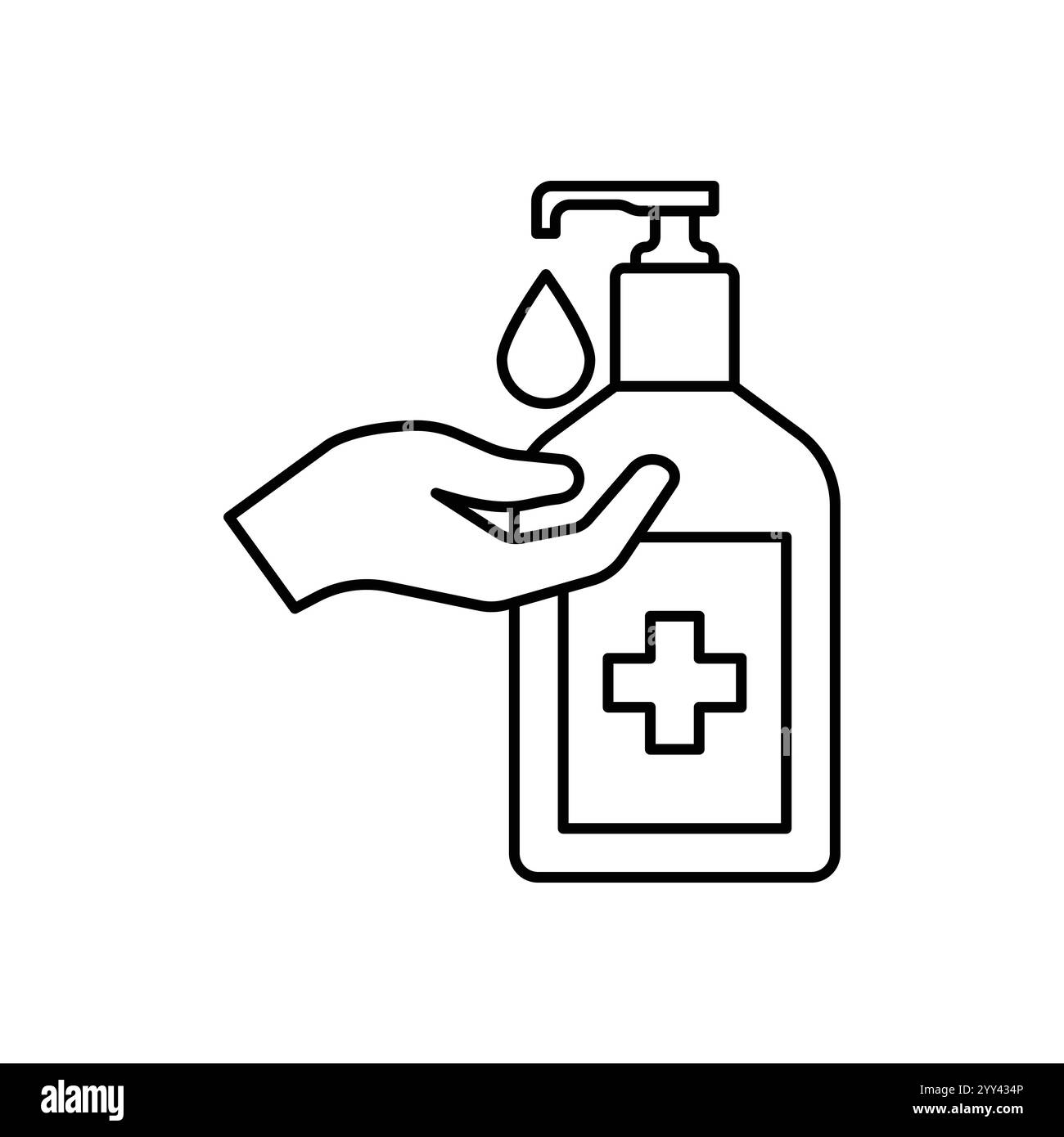 Symbol für lineare Handseife. Abbildung mit dünner Linie. Antibakterielle Flüssigseife. Händedesinfektion. Stock Vektor