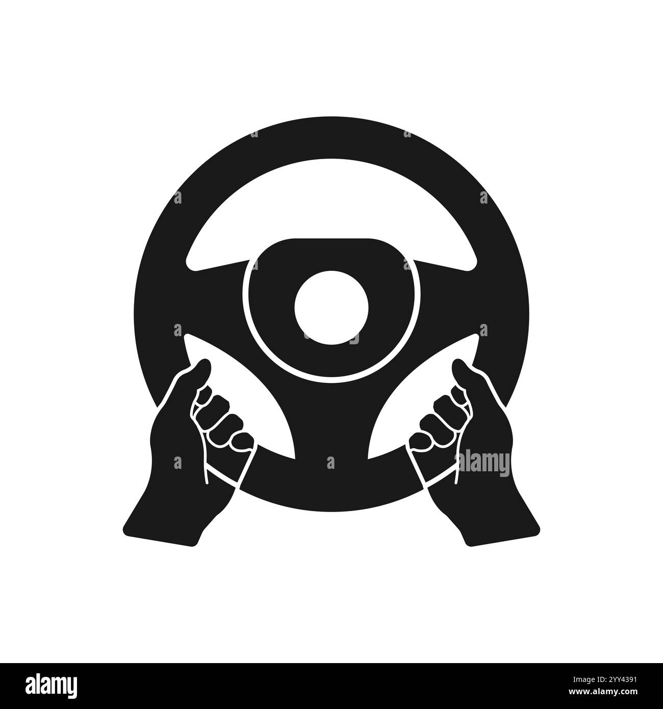 Lenkradsymbol. Hände am Lenkrad. Fahrer. Auto fahren. Probefahrt. Vektorsymbol isoliert auf weißem Hintergrund. Stock Vektor