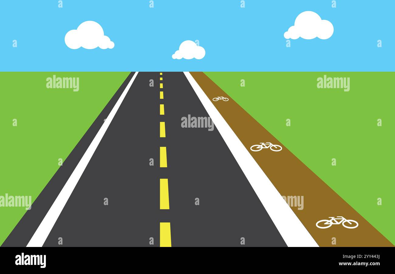 Gerade leere Straße durch die Landschaft mit Radweg. Sommer Landschaft Vektor Illustration. Stock Vektor