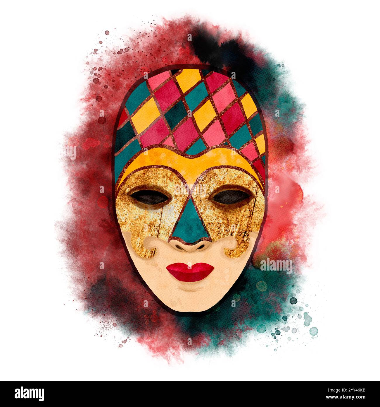 Ein lebendiges und künstlerisches Maskendesign mit komplexen geometrischen Mustern kombiniert mit kräftigen Farben. Isoliertes Aquarellobjekt auf weißem Hintergrund zum Entwerfen von Postkarten, Kalendern und Souvenirs. Stockfoto