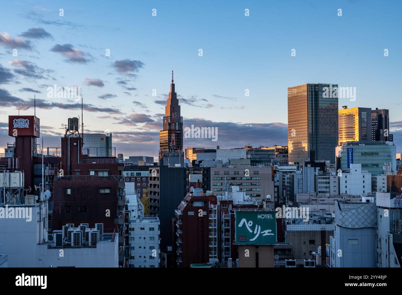 Blick auf die Hochhäuser in Tokio, Japan während des farbenfrohen Sonnenaufgangs am Morgen Stockfoto