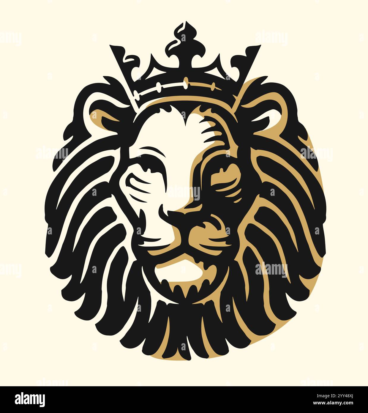 Löwenkönig mit Logo im Kronenemblem. Königliche Macht, Autoritätssymbol. Kopf der Raubtier-Vektorillustration Stock Vektor