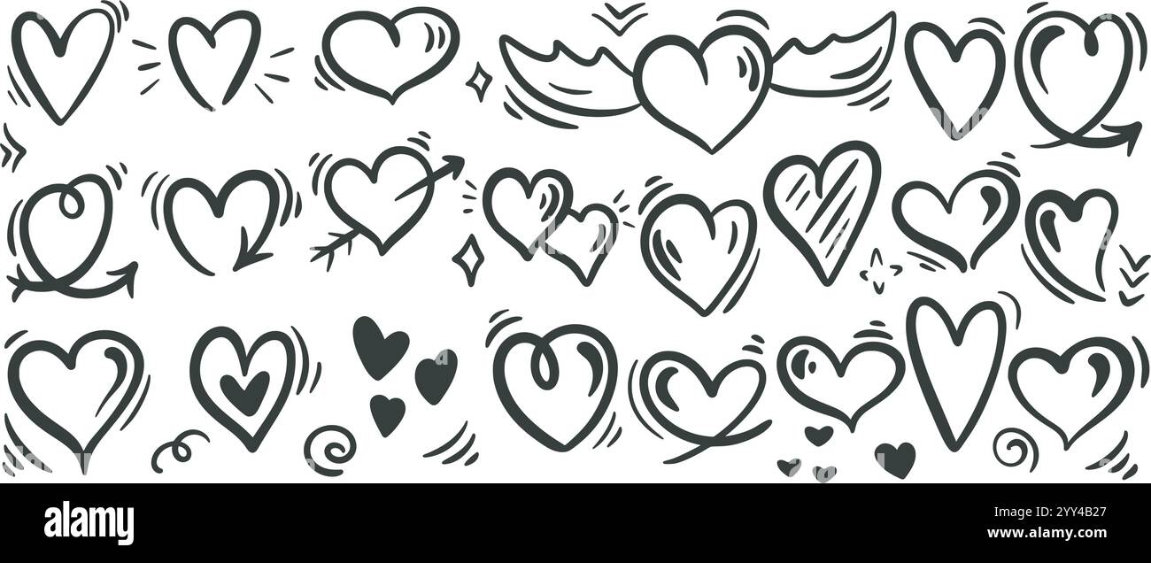 Viele verschiedene Herztinte-Doodle-Set. Handgezeichnete Icons-Kollektion in Herzform. Graffiti-Stil, romantisches Liebessymbol. Vektorgrafiken Stock Vektor