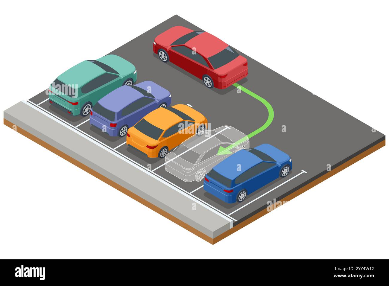 Isometrische Parkszene mit mehreren Autos auf einem Parkplatz. Ein rotes Auto fährt rückwärts und ein grüner Pfeil zeigt das Parkmanöver an. Verschiedene Stock Vektor