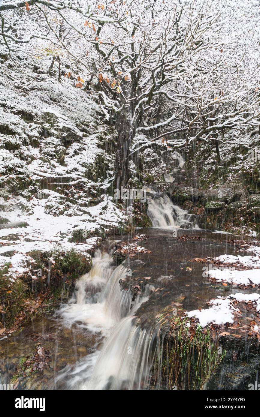 Bergwasserfall im Winter Schneesturm Elan Valley Wales Großbritannien. November 2024 Stockfoto