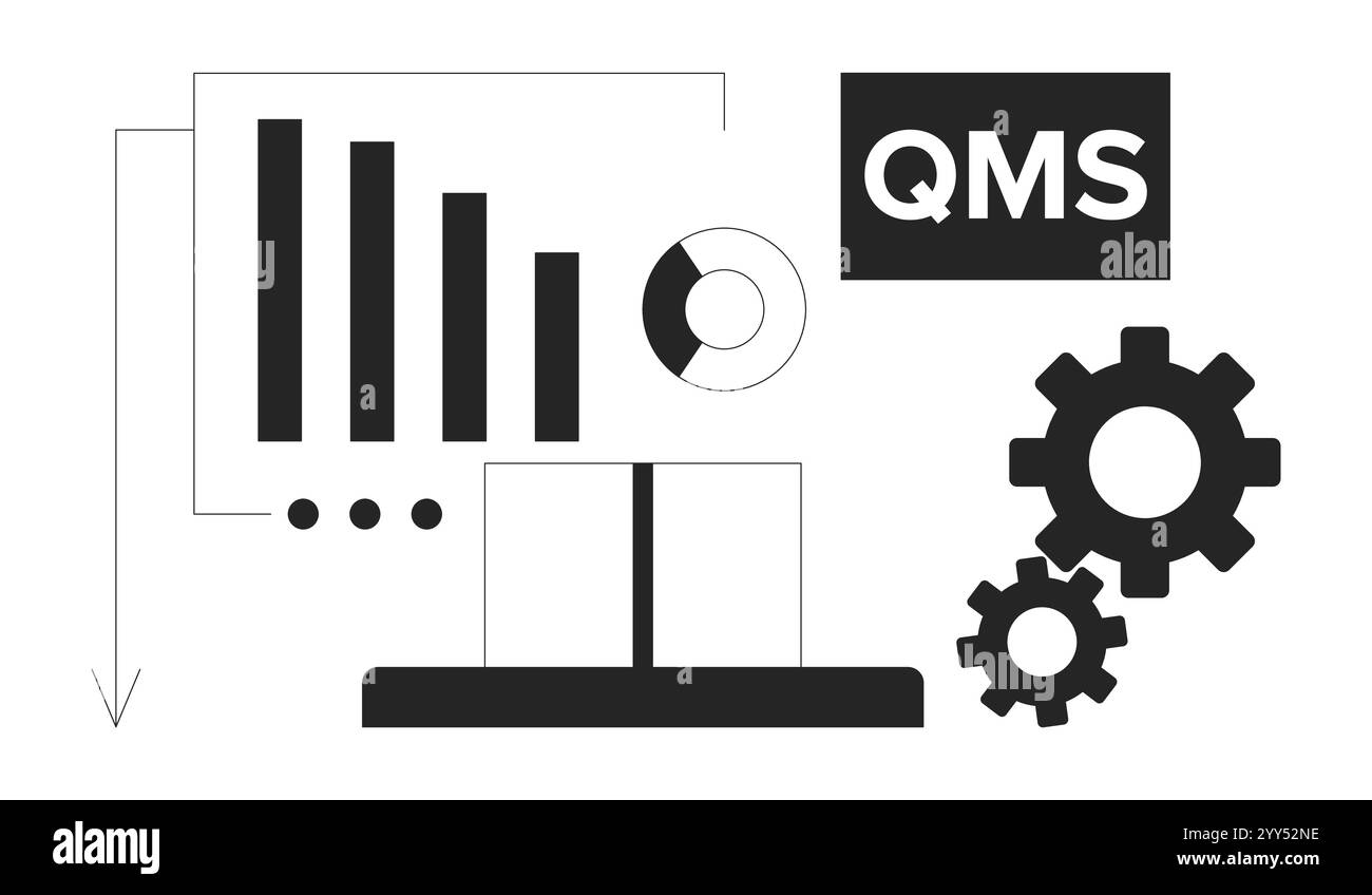 Qualitätsmanagementsystem mit Datenvisualisierung in Schwarzweiß-2D-Illustrationskonzept Stock Vektor
