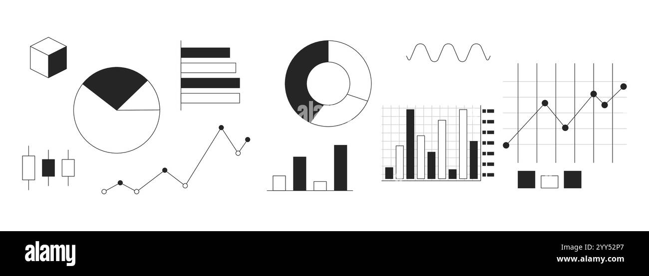 Datenvisualisierung Diagramme Schwarzweiß-2D-Linienobjektset Stock Vektor