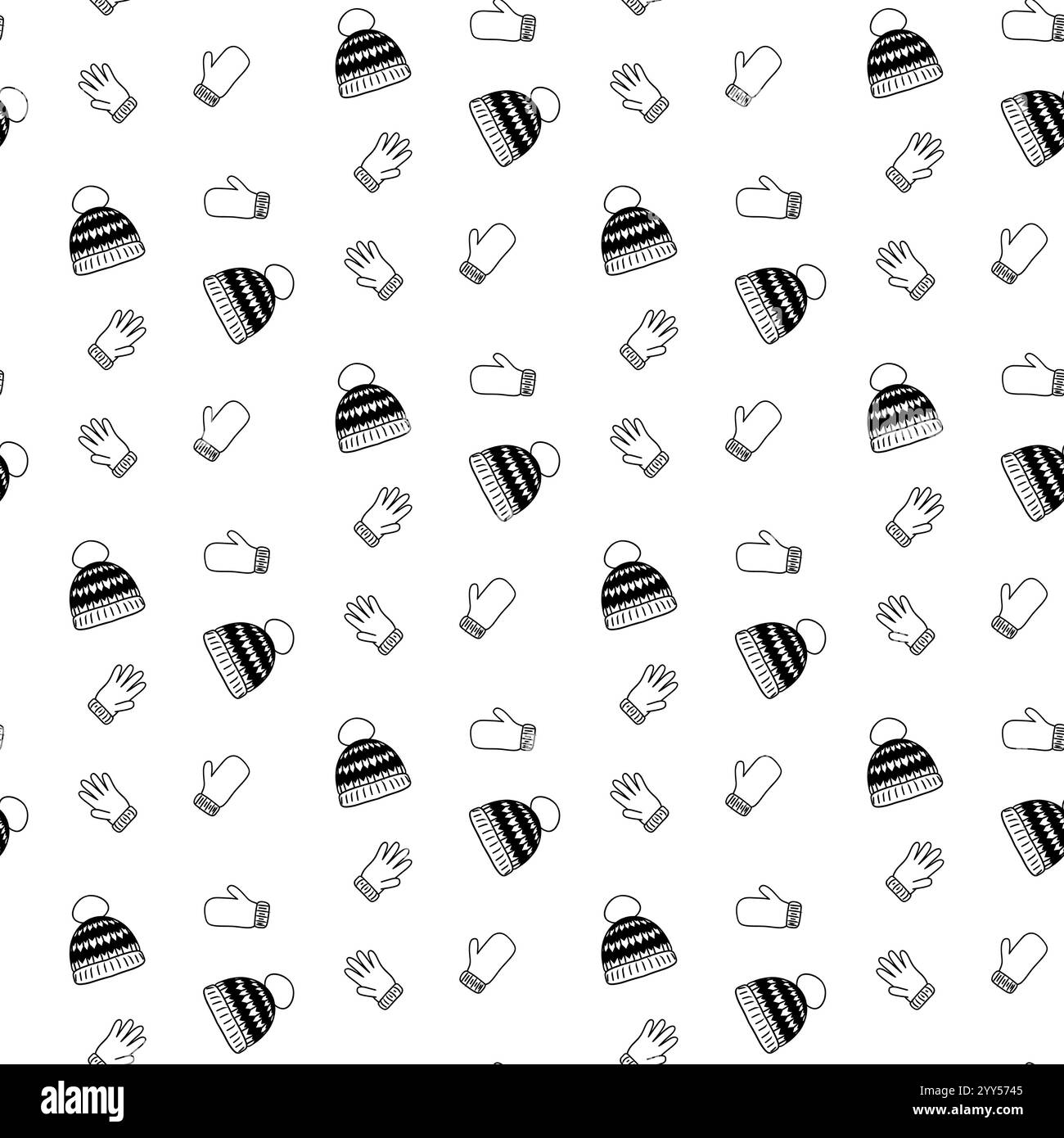 Nahtloses Vektor-Muster aus Wintermütze, Fäustlingen, Handschuhen. Grußkarte mit grafischer Linie. Warme gestrickte Winterkleidung, Webbanner-Design, Print, Urlaub Stock Vektor